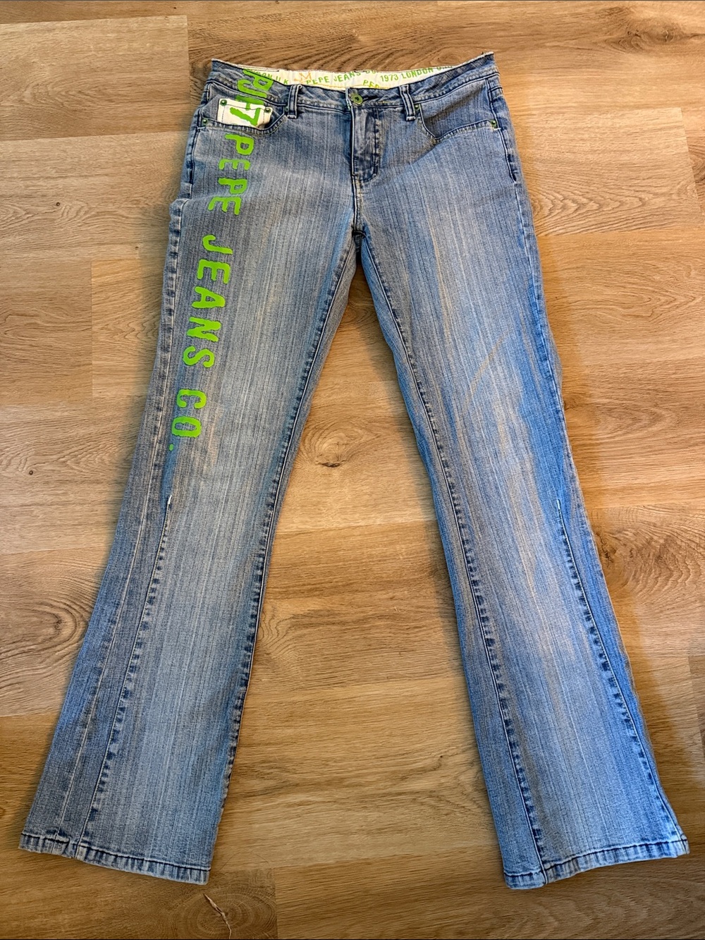 Pepe Jeans Light Blue Flared Jeans with Neon Green Logo